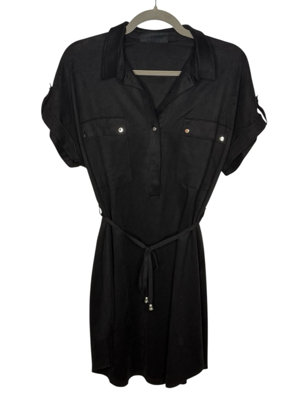 Jessy Girl Black Utility Shirt Dress Faux Suede Tie Waist Snap Closure | EUC